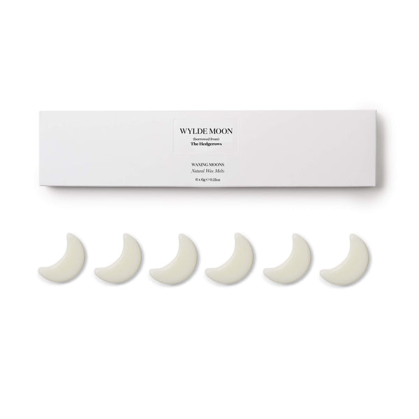 Packshot of hedgerow scented wax melts with six waxing moon shapes